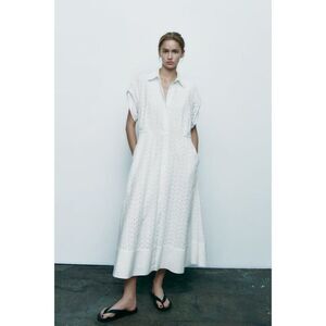 Zara Womens Shirt Dress Size S White Maxi Embroidered Eyelet Belted 7761/063 NWT